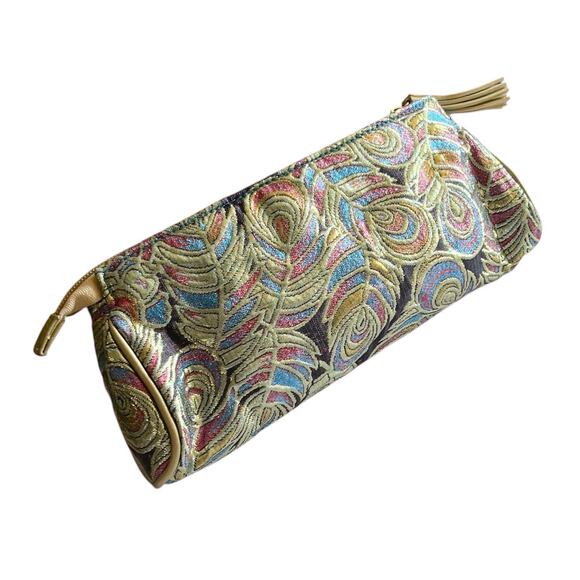 Stephanie Johnson Travel Cosmetic Bag Gold Metallic Peacock Makeup Zip Clutch - Picture 1 of 9